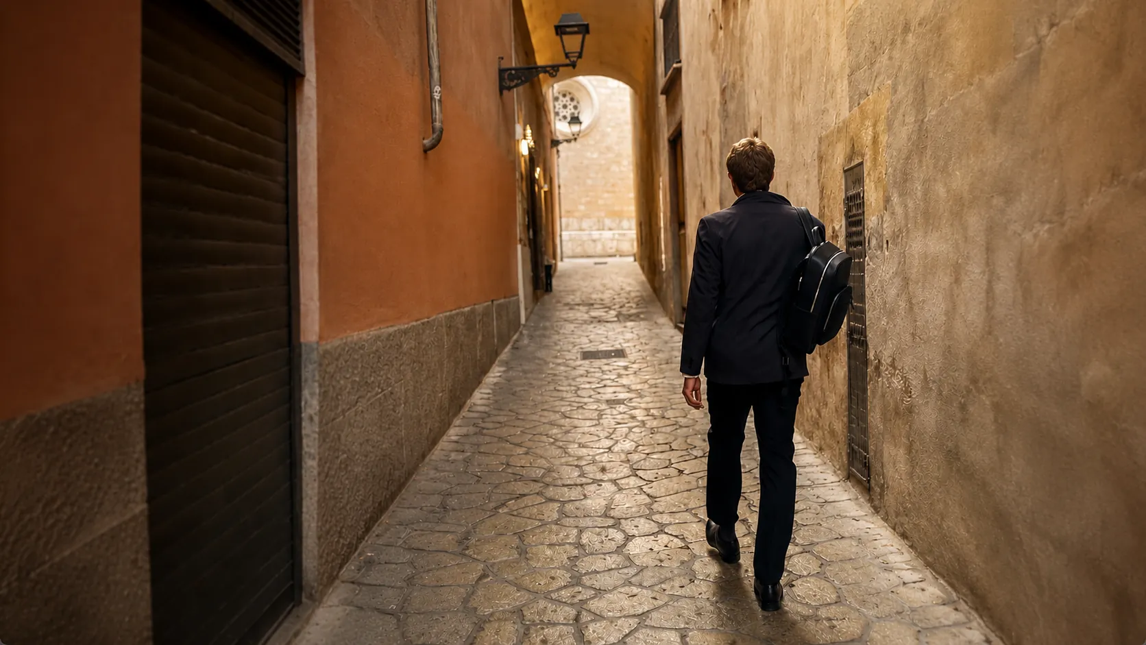 Advocat caminant per un carrer del nucli antic de Palma de Mallorca